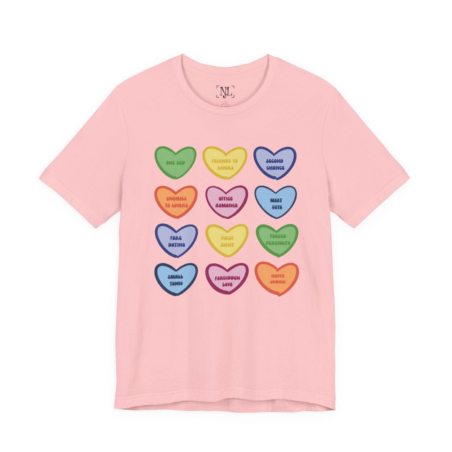 Romance Book Tropes Conversation Heart Graphic Tee — Cute Pastel Candy Hearts with Messages