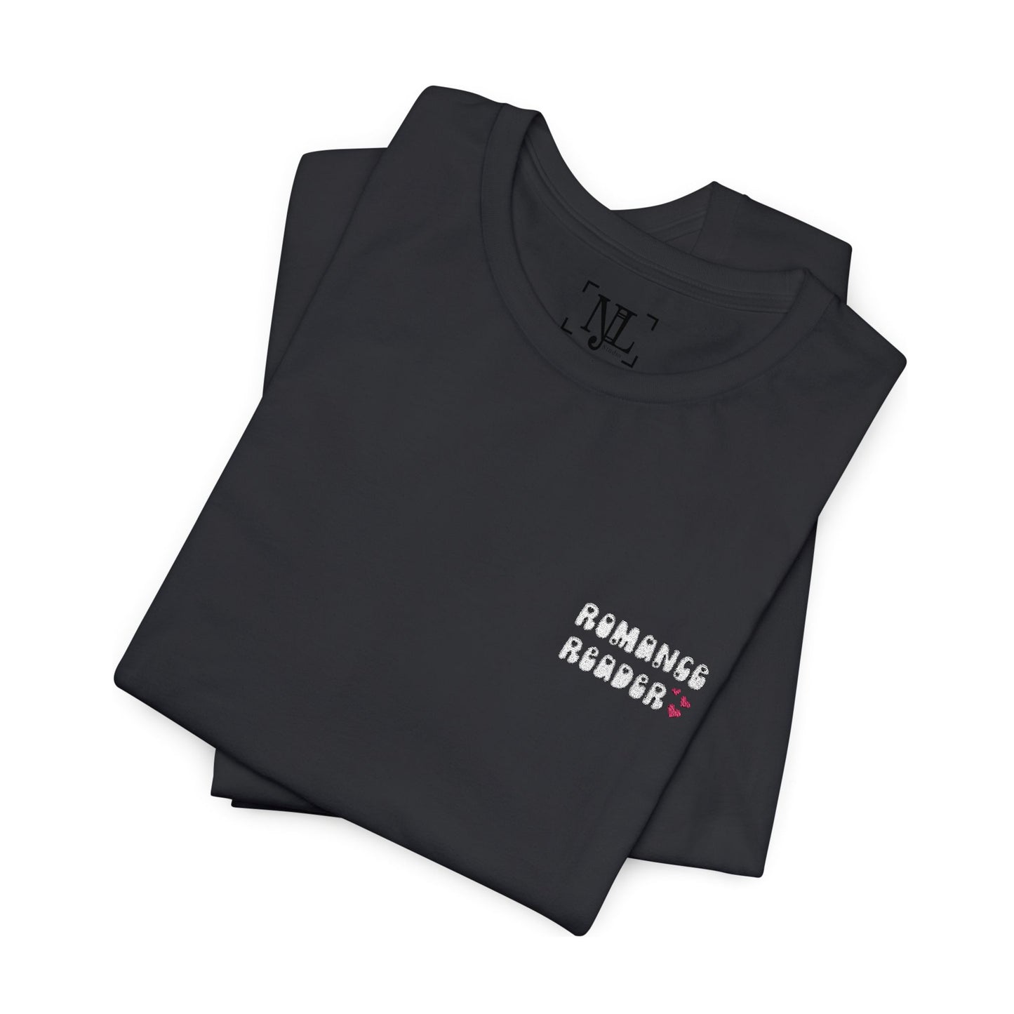 "Romance Reader" - Embroidered Literary Tee (White Text with Pink Hearts)