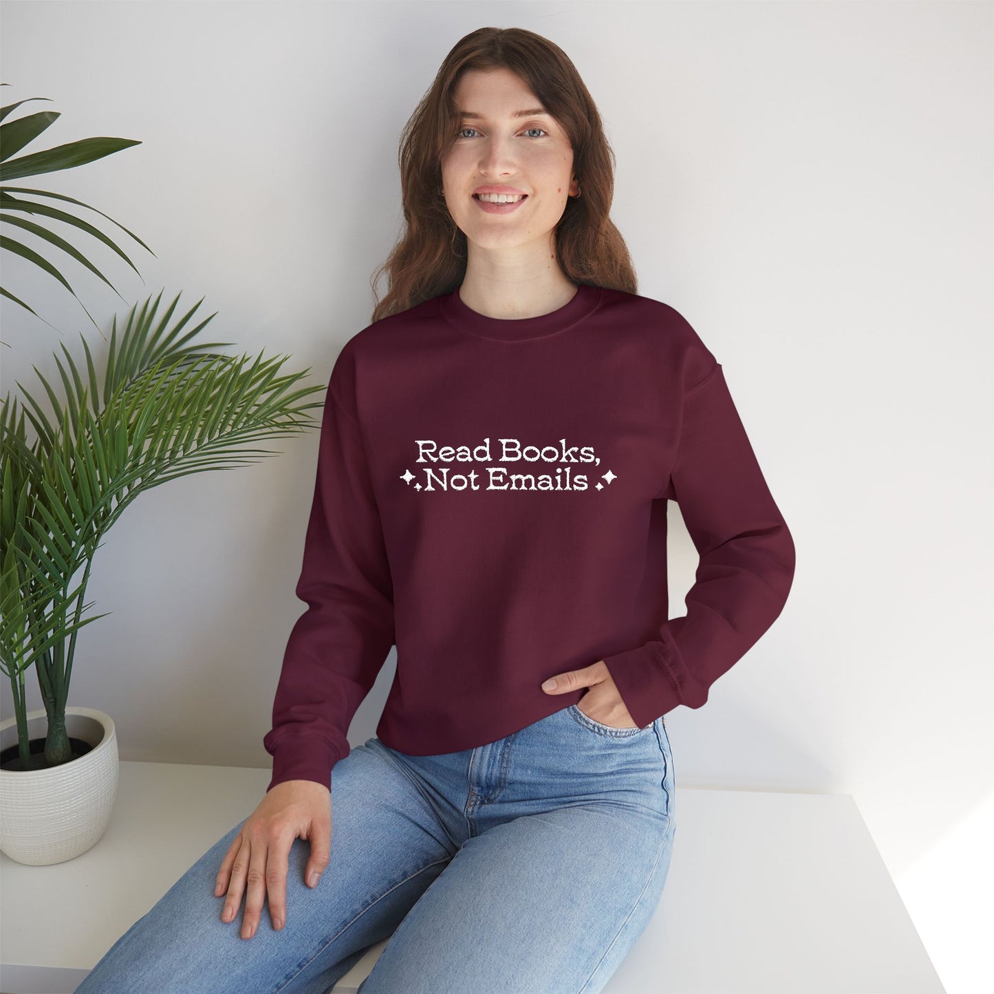 "Read Books Not Emails." - Embroidered Cozy Literary Sweatshirt (White Text)