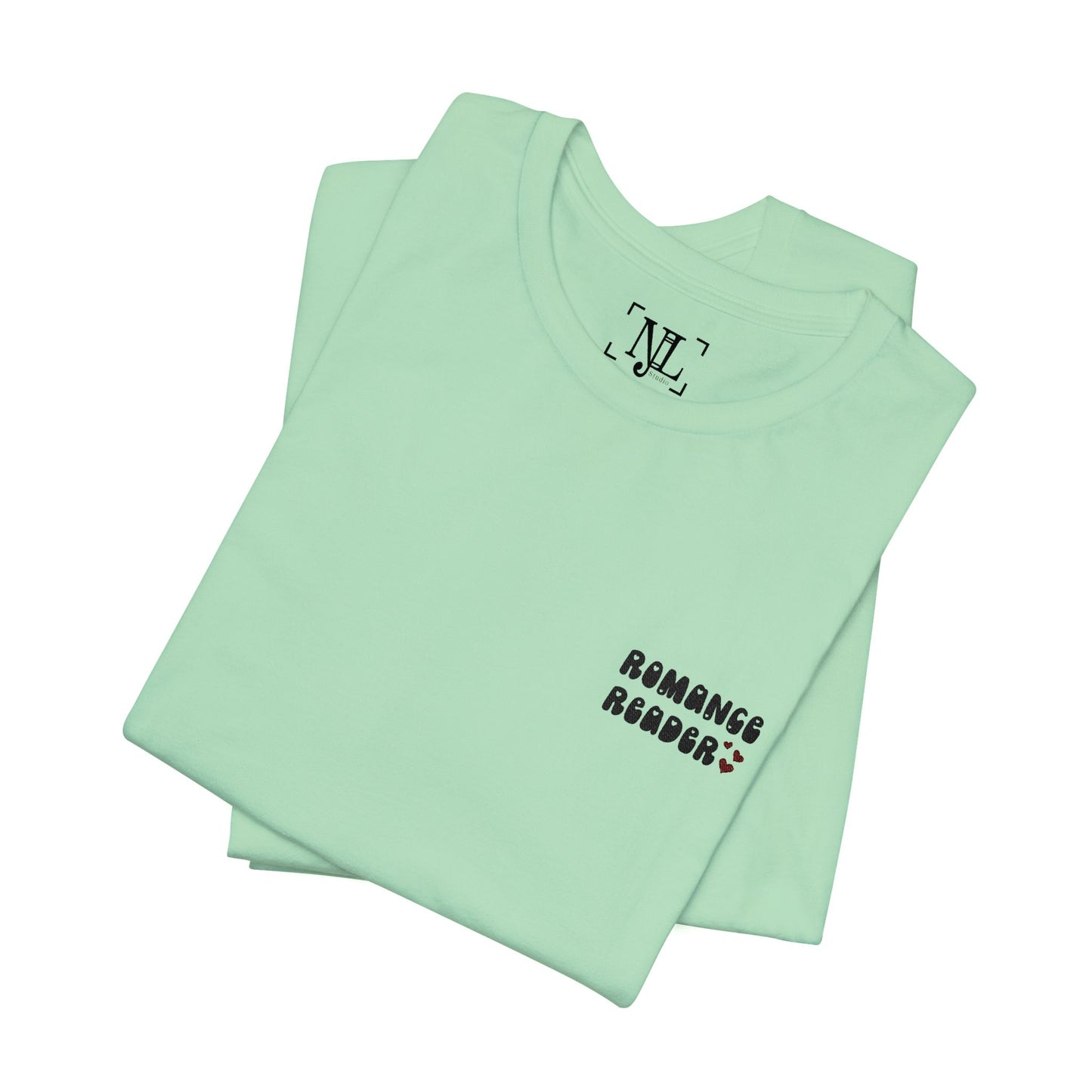 "Romance Reader" - Embroidered Literary Tee (Black Text with Maroon Hearts)