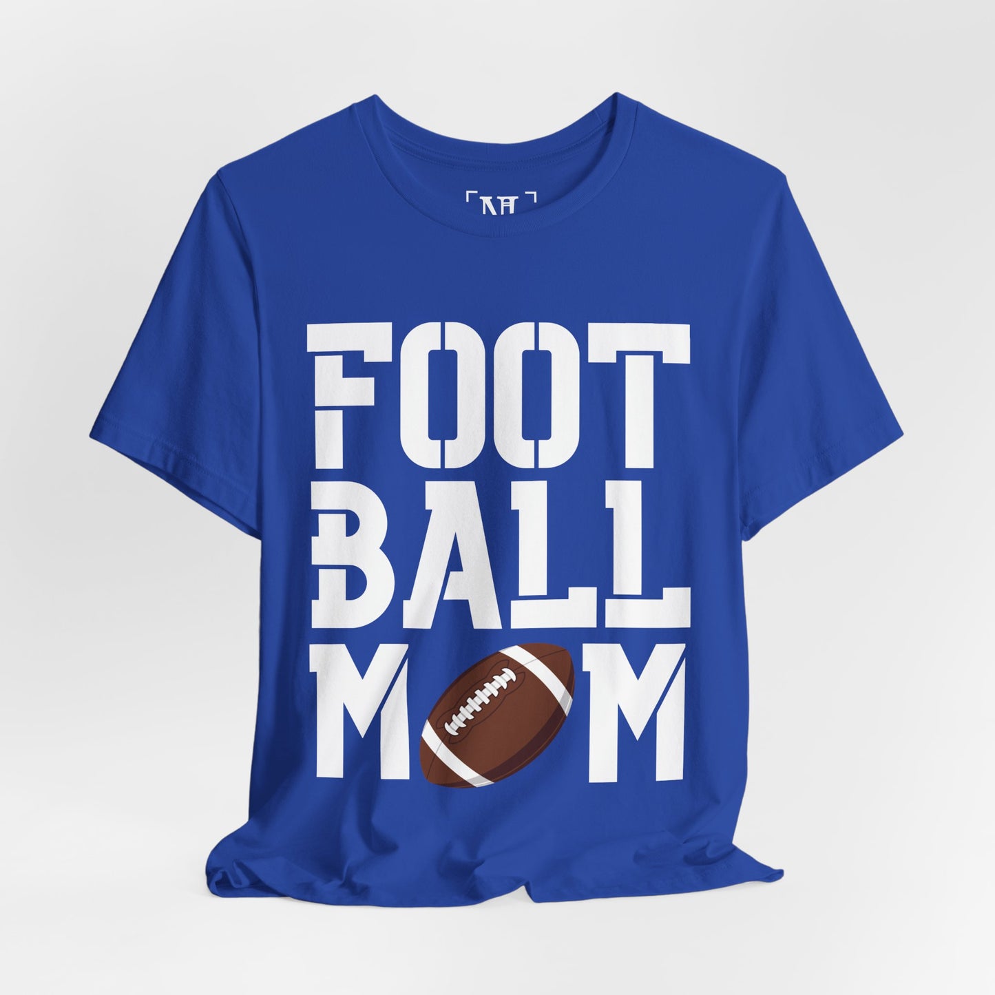 Football Mom T-Shirt – Bold Stacked Text with Football Graphic (White Text)