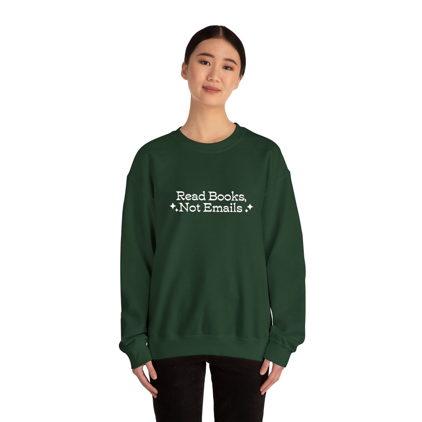 "Read Books Not Emails." - Embroidered Cozy Literary Sweatshirt (White Text)
