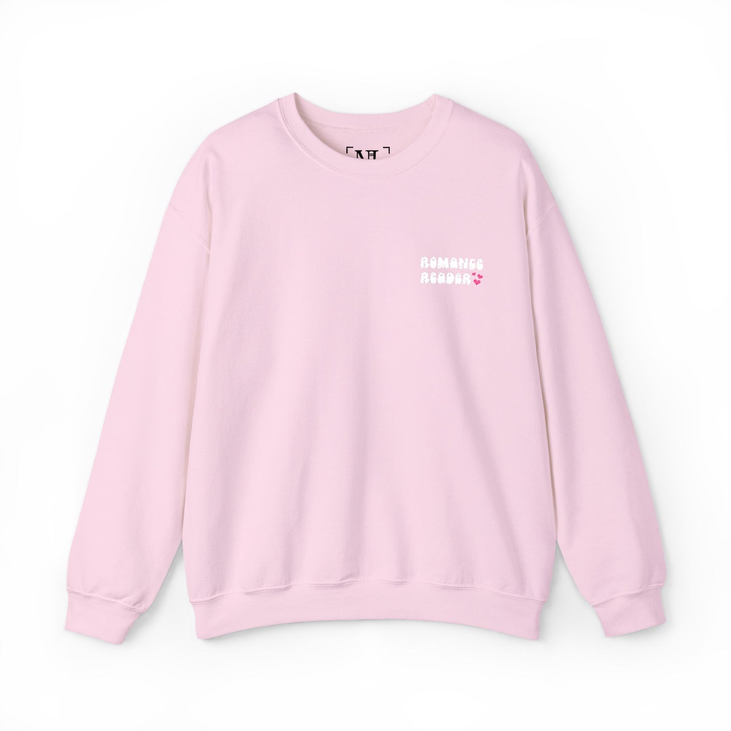 "Romance Reader" - Embroidered Literary Crewneck Sweatshirt (White Text with Pink Hearts)