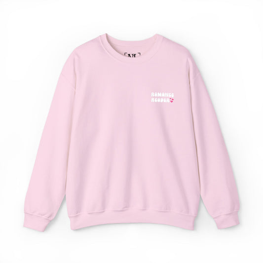 "Romance Reader" - Embroidered Literary Crewneck Sweatshirt (White Text with Pink Hearts)