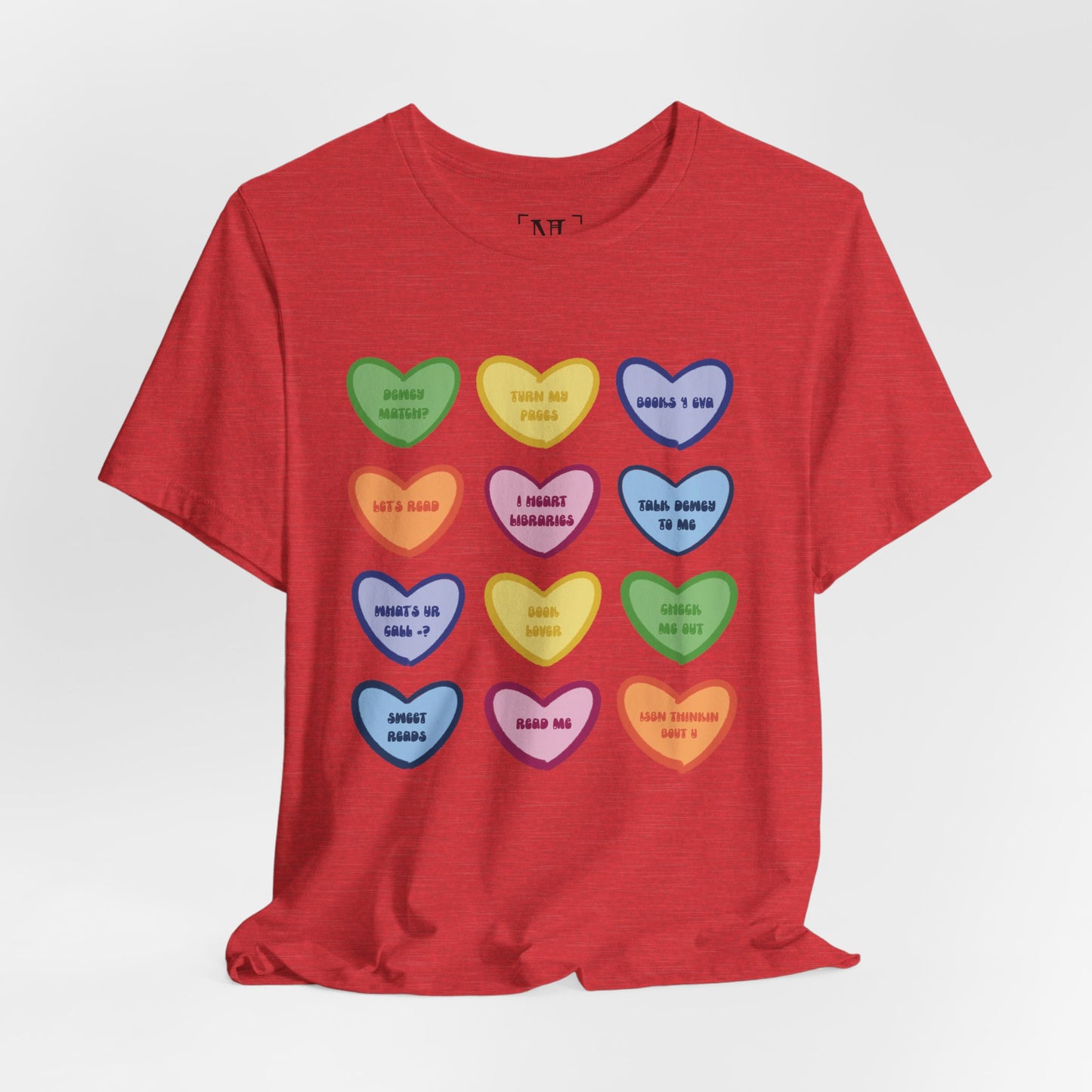 Library Conversation Heart Graphic Tee — Cute Pastel Candy Hearts with Messages