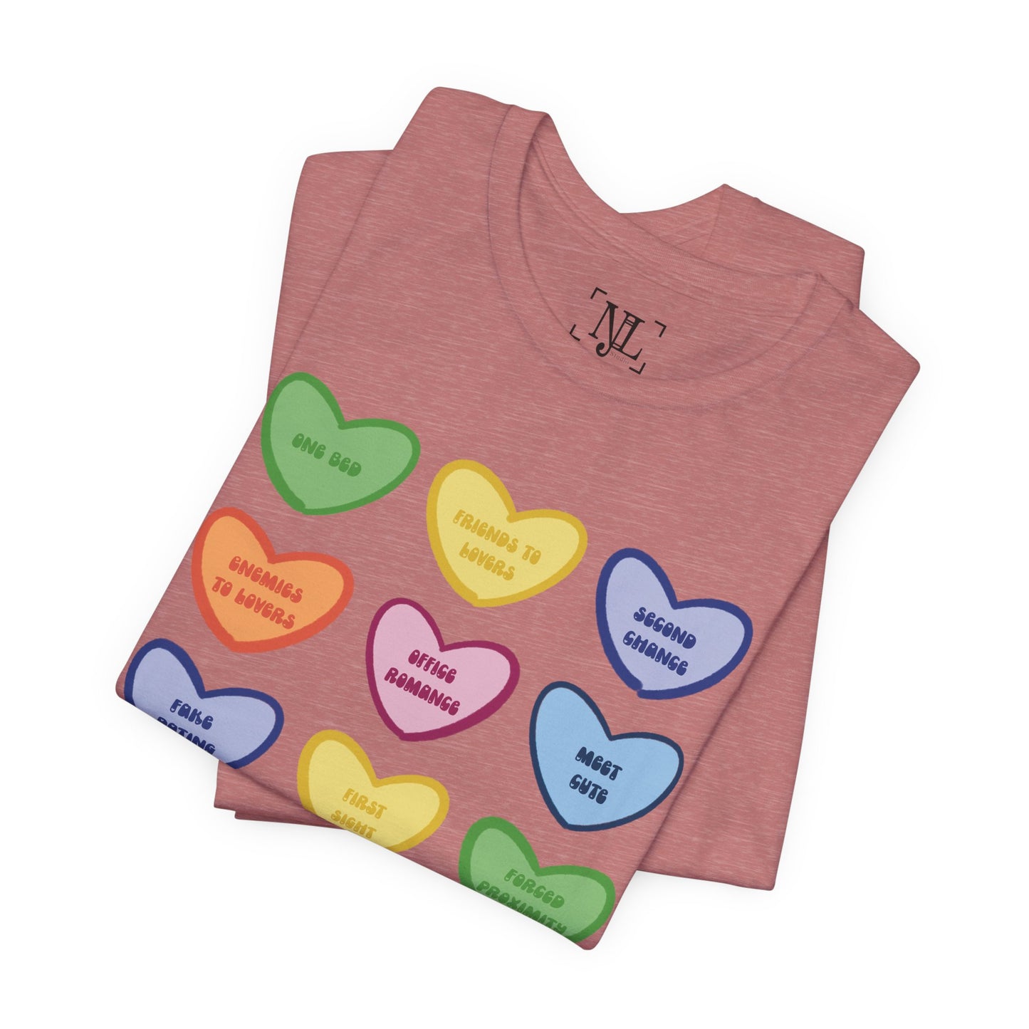Romance Book Tropes Conversation Heart Graphic Tee — Cute Pastel Candy Hearts with Messages