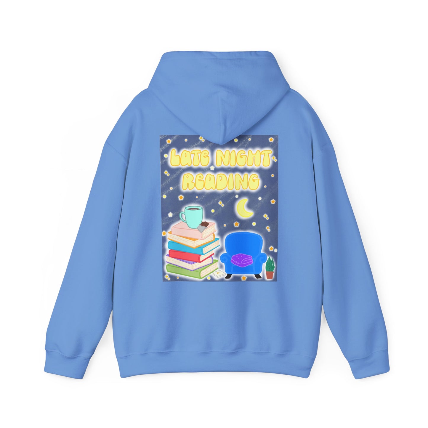 Late Night Reading Hoodie — Cozy Book Lover Pullover with Moon & Books Graphic (Black Text)