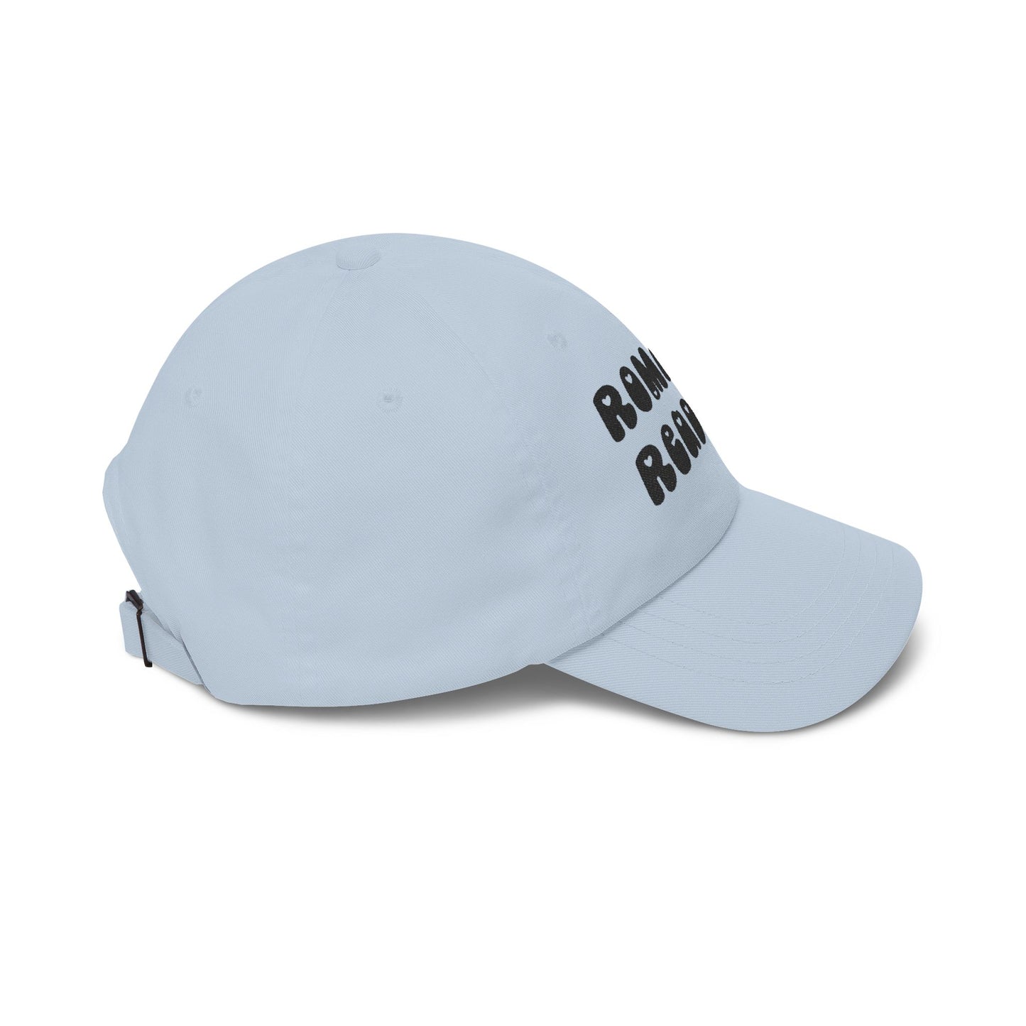 "Romance Reader" - Embroidered Literary Dad Cap (Black Text with Maroon Hearts)