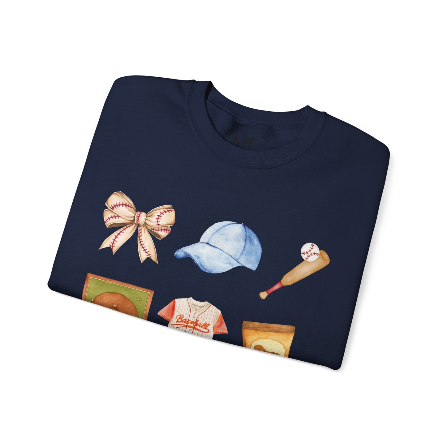 Baseball Icons Crewneck Sweatshirt — Watercolor Baseball Gear Graphic