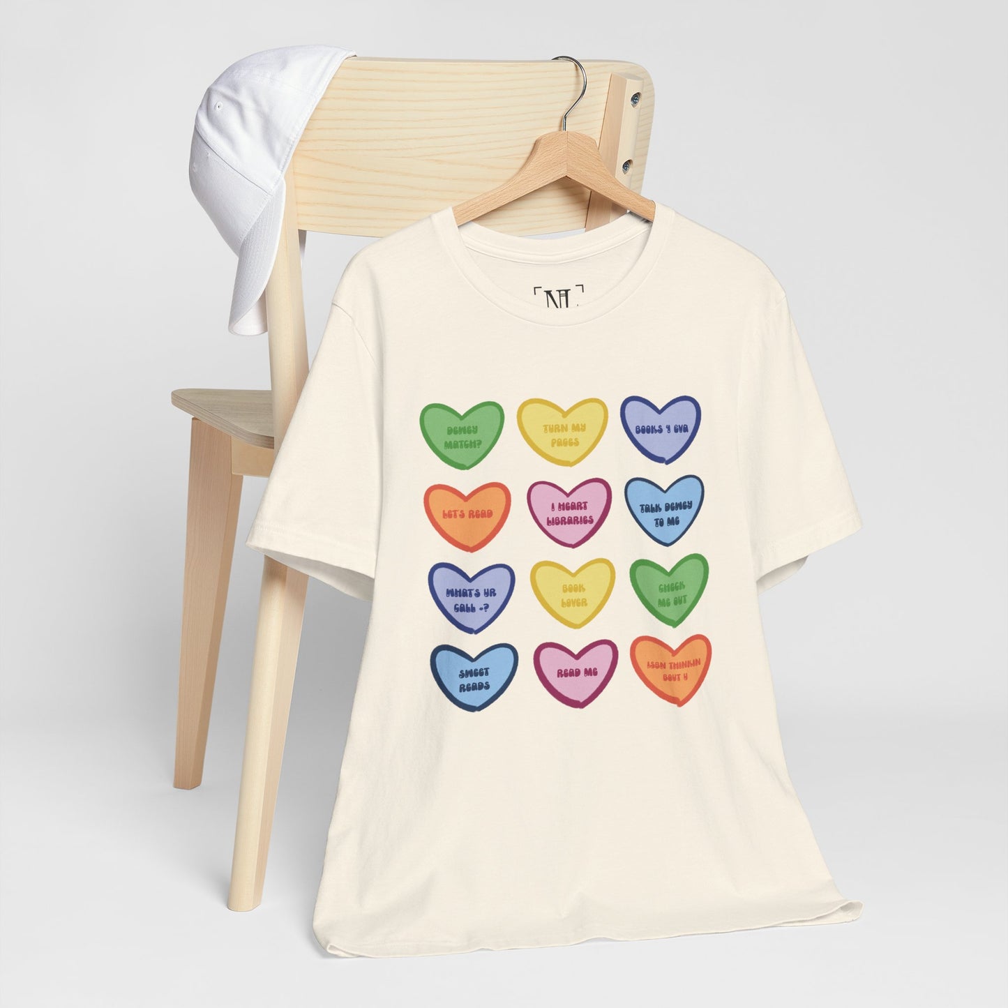 Library Conversation Heart Graphic Tee — Cute Pastel Candy Hearts with Messages