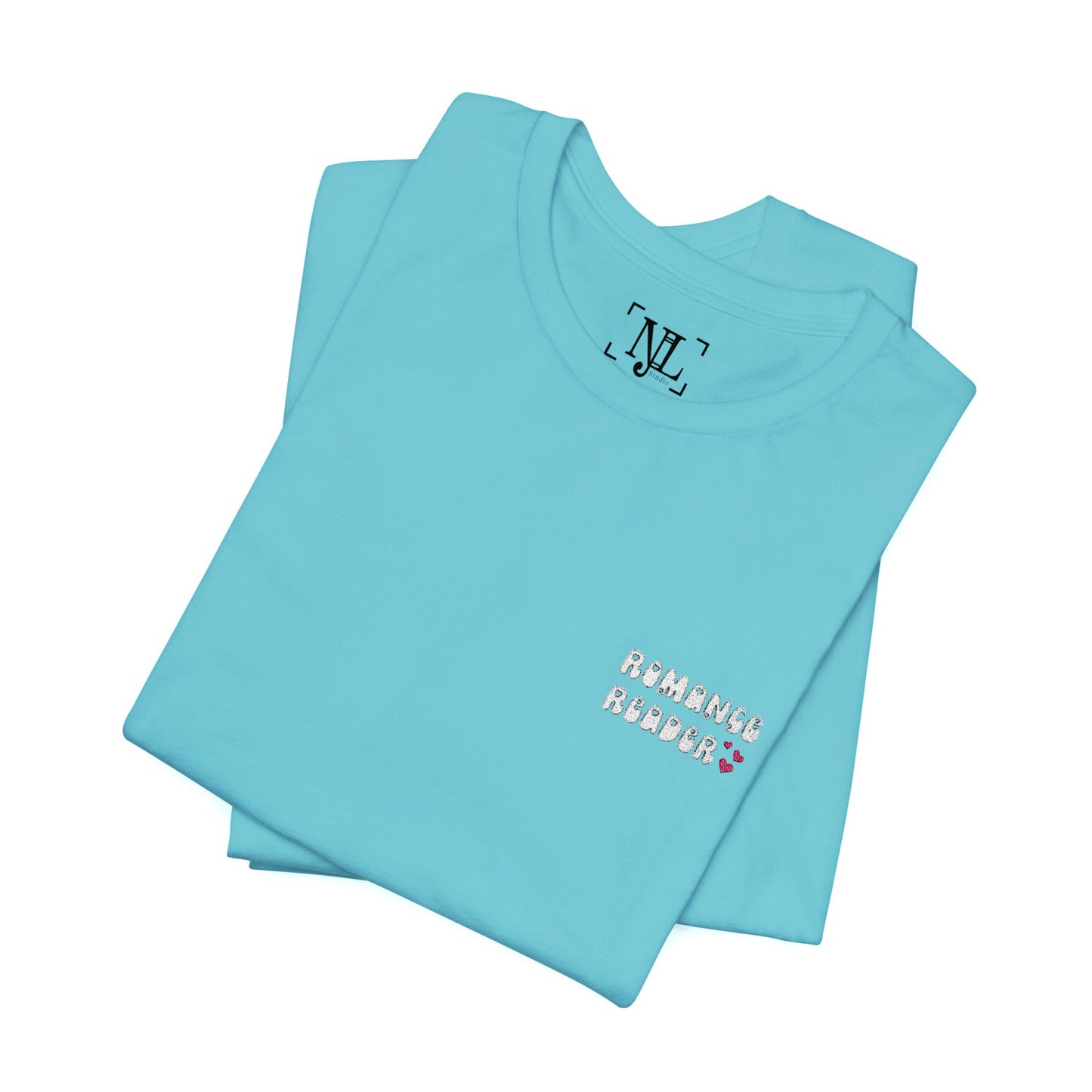 "Romance Reader" - Embroidered Literary Tee (White Text with Pink Hearts)