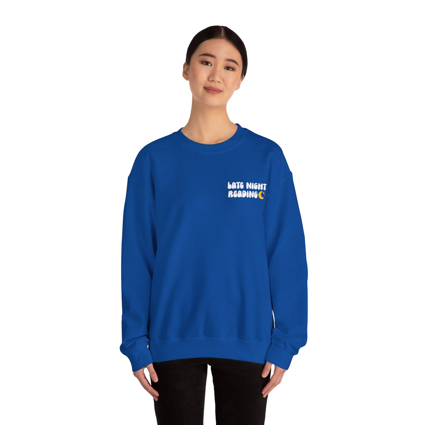 "Late Night Reading " — Cozy Book Lover Crewneck (White Text)