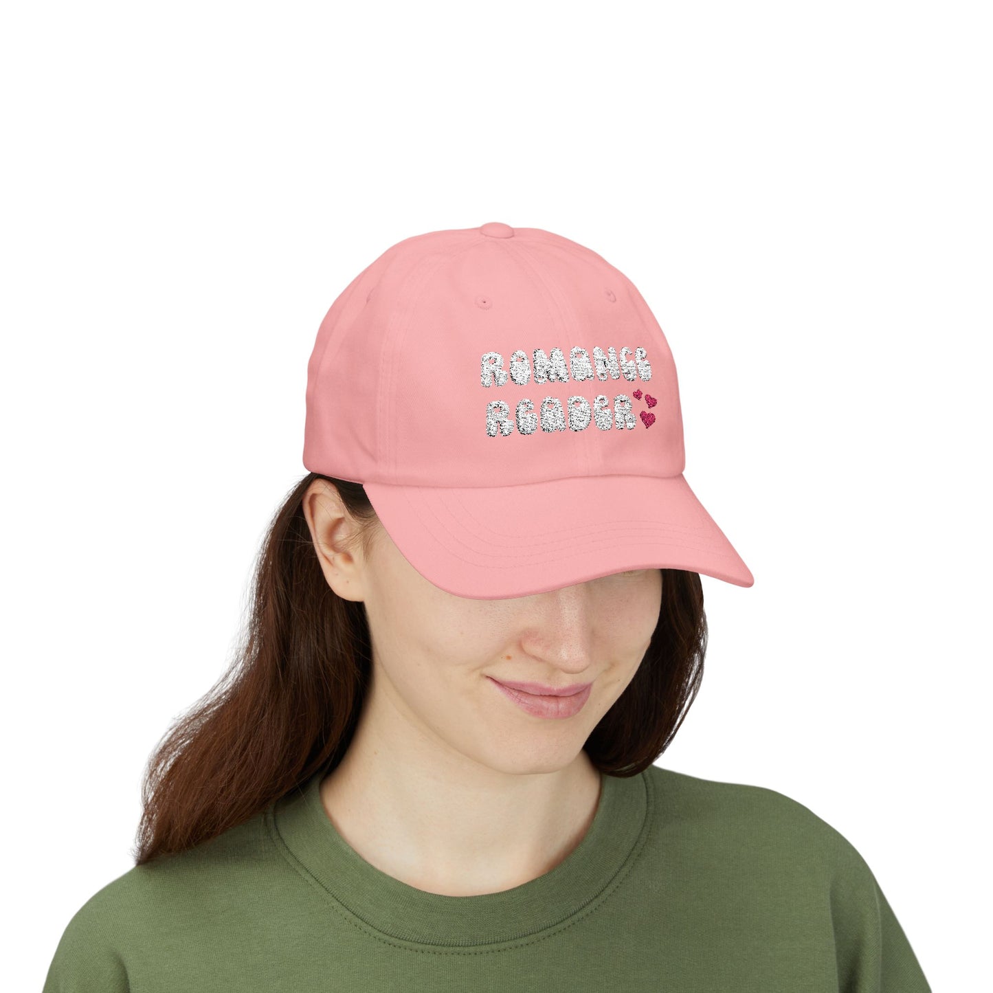 "Romance Reader" - Embroidered Literary Dad Cap (White Text with Maroon Hearts)