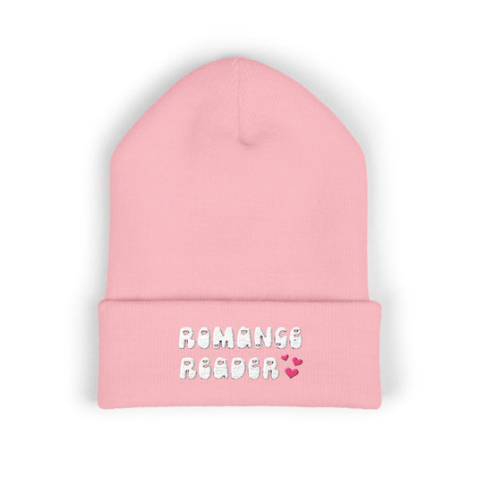 "Romance Reader" - Embroidered Literary Cuffed Beanie (White Text with Pink Hearts)