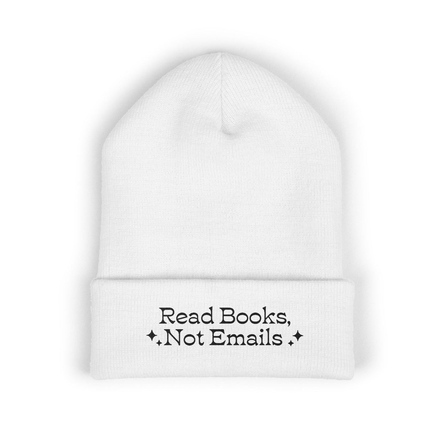 "Read Books Not Emails" - Embroidered Literary Cuffed Beanie (Black Text)