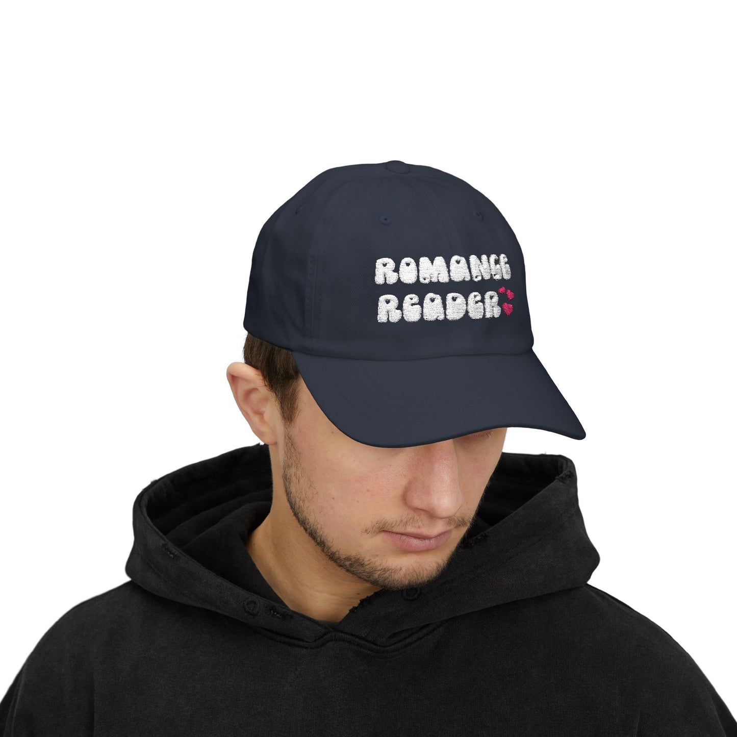 "Romance Reader" - Embroidered Literary Dad Cap (White Text with Maroon Hearts)