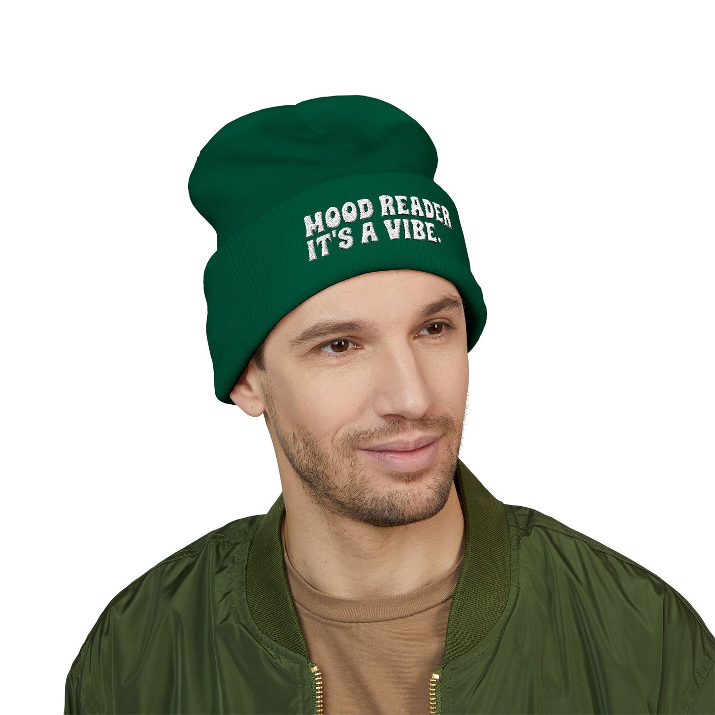 "Mood Reader It's a Vibe." - Embroidered Literary Cuffed Beanie (White Text)