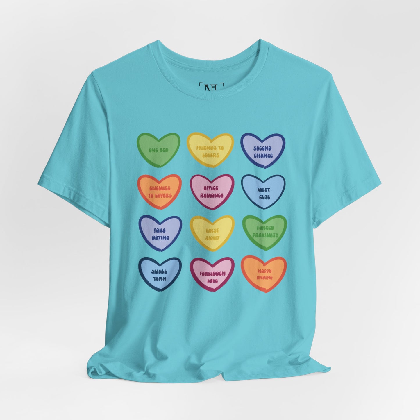 Romance Book Tropes Conversation Heart Graphic Tee — Cute Pastel Candy Hearts with Messages
