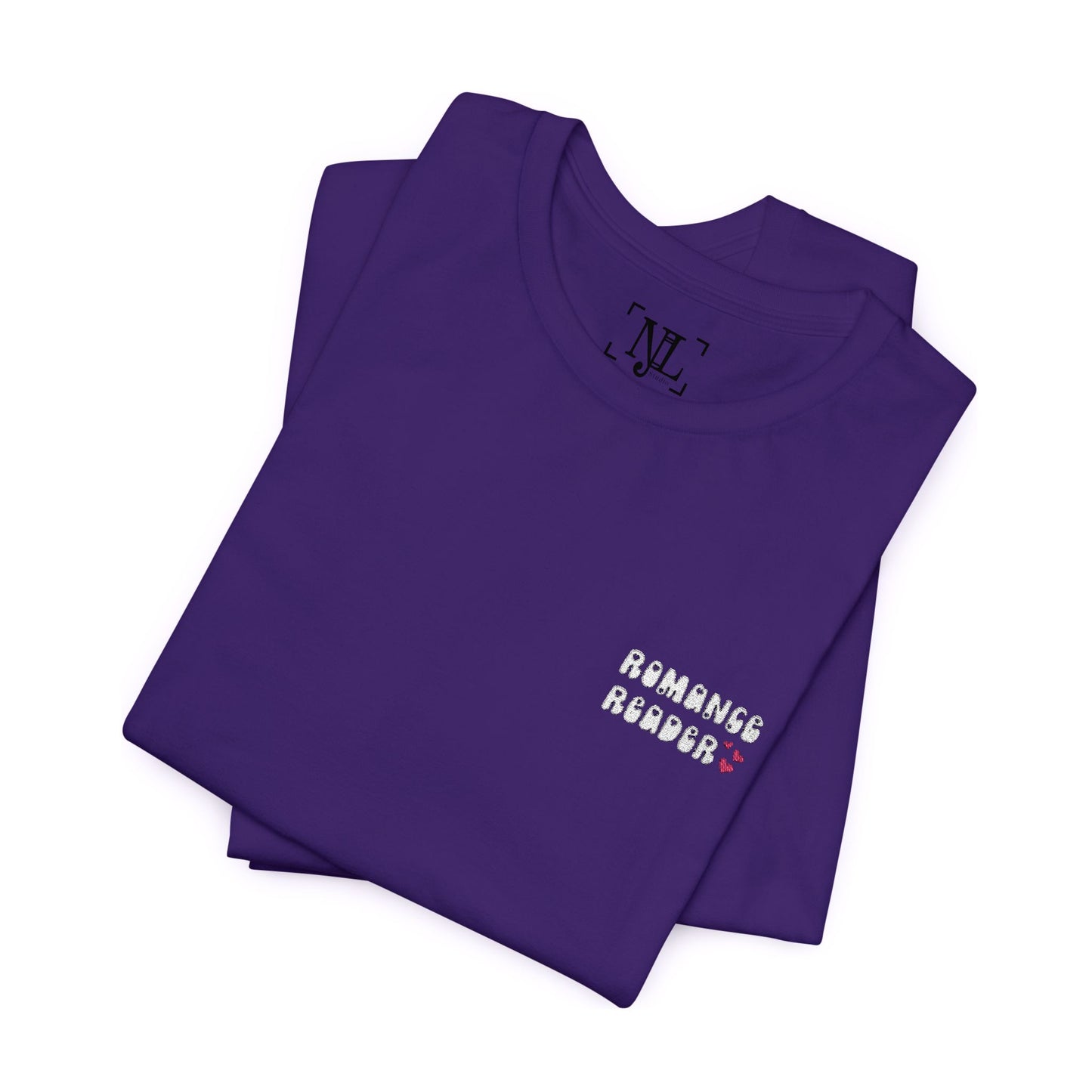 "Romance Reader" - Embroidered Literary Tee (White Text with Pink Hearts)