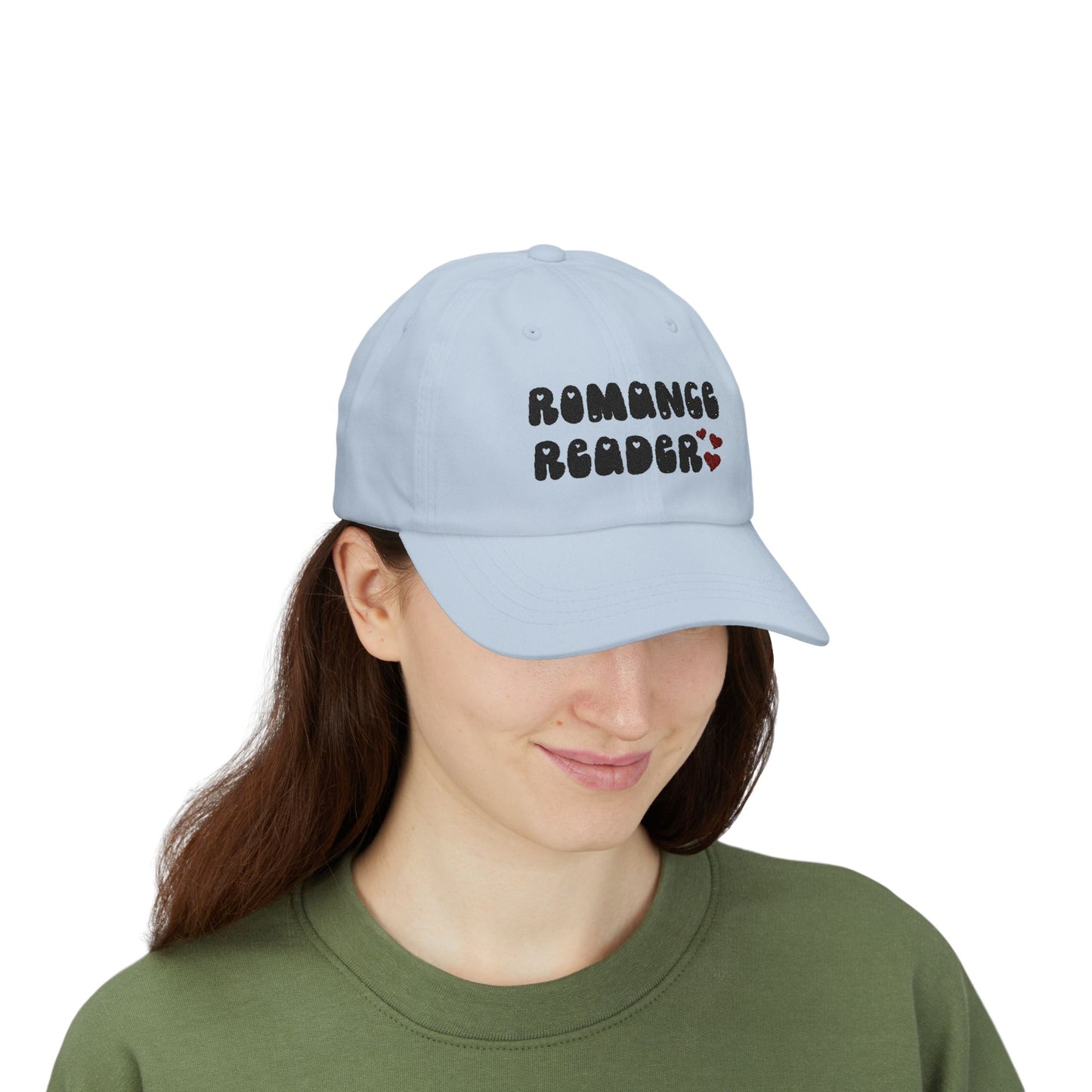 "Romance Reader" - Embroidered Literary Dad Cap (Black Text with Maroon Hearts)