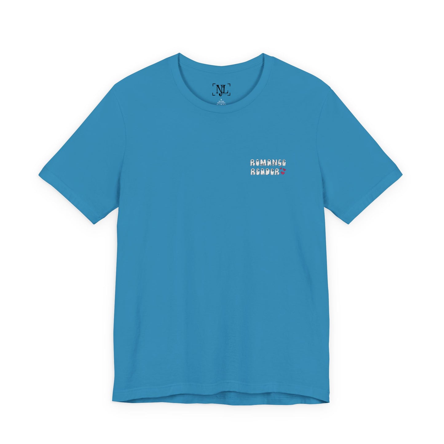 "Romance Reader" - Embroidered Literary Tee (White Text with Pink Hearts)