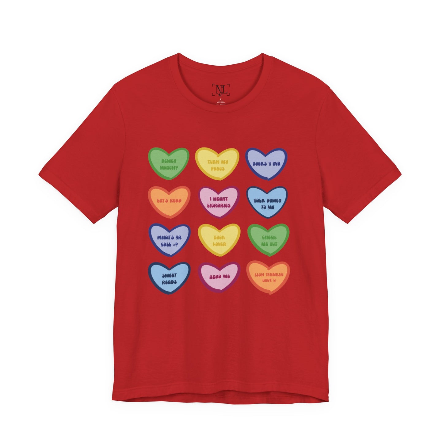 Library Conversation Heart Graphic Tee — Cute Pastel Candy Hearts with Messages
