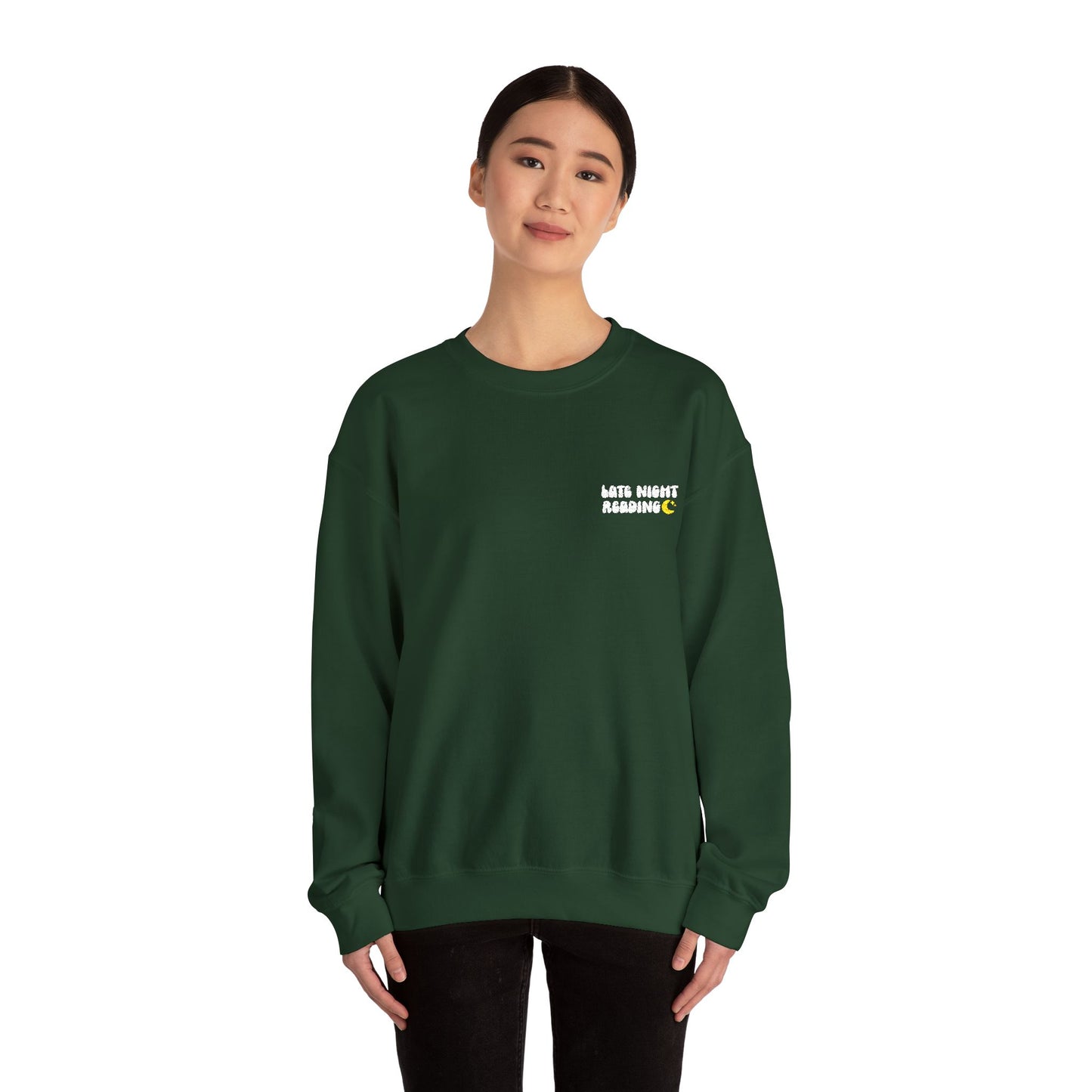 "Late Night Reading - Embroidered Cozy Literary Crewneck Sweatshirt (White Text)