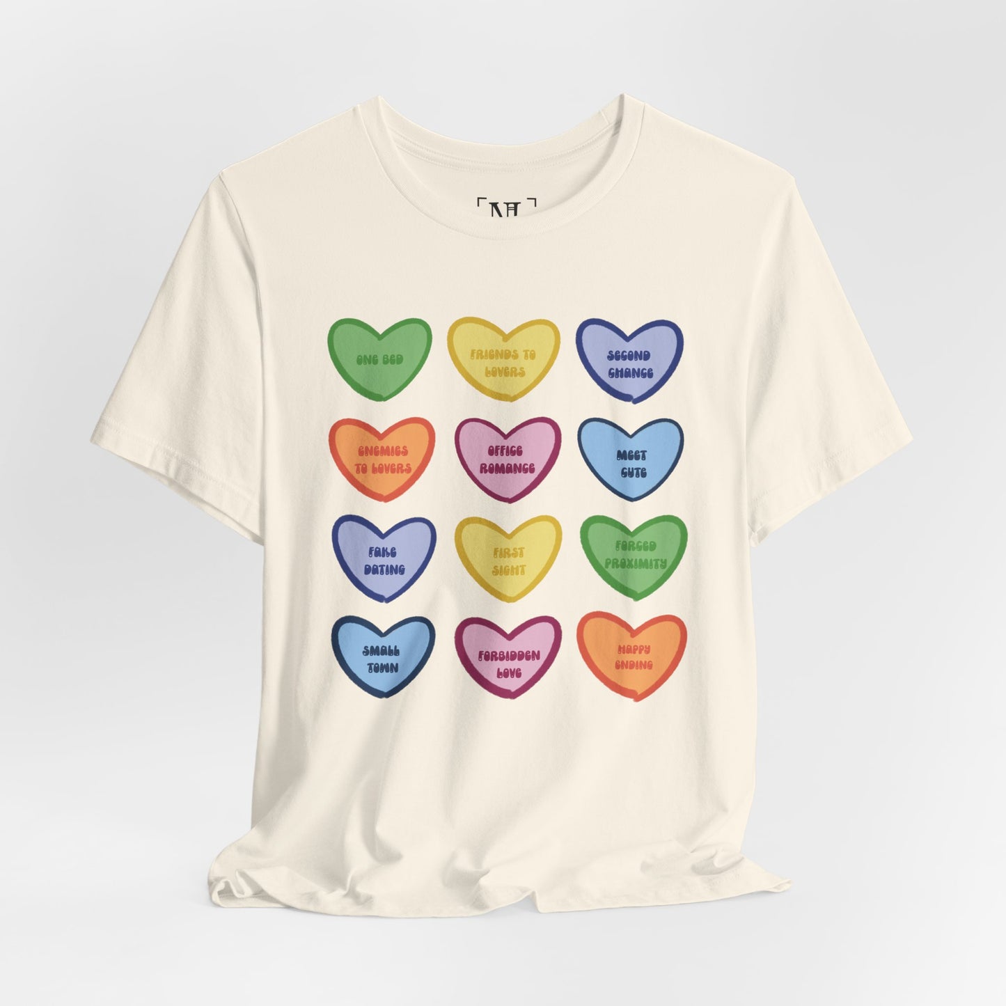 Romance Book Tropes Conversation Heart Graphic Tee — Cute Pastel Candy Hearts with Messages
