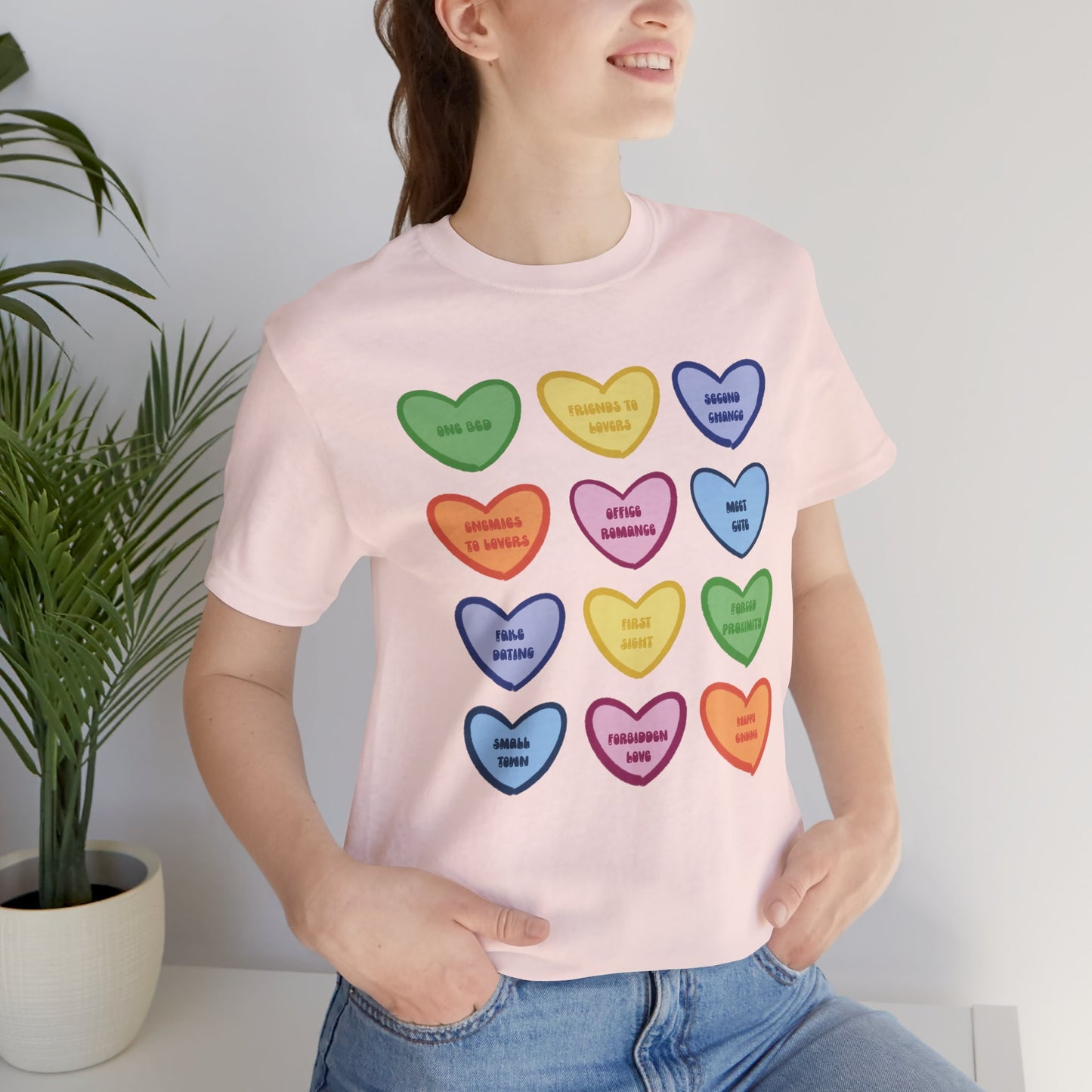 Romance Book Tropes Conversation Heart Graphic Tee — Cute Pastel Candy Hearts with Messages