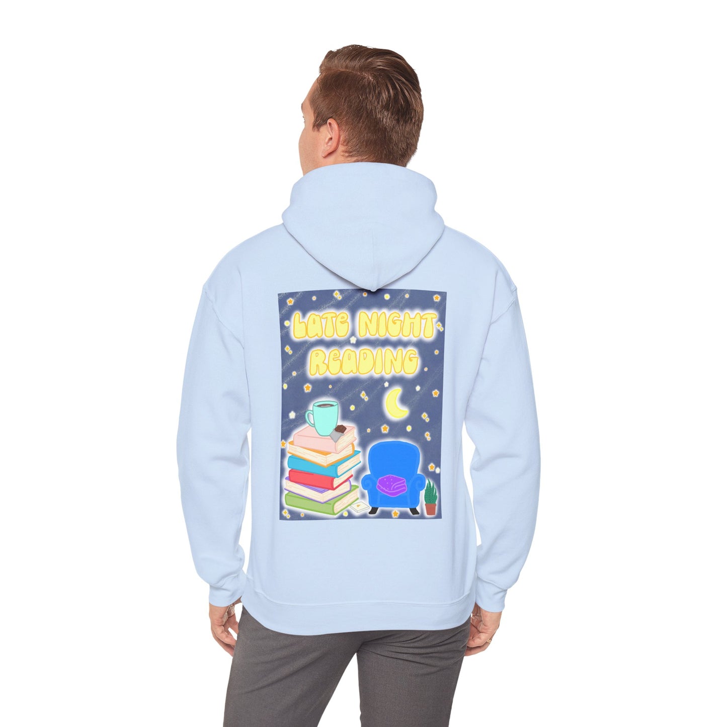 Late Night Reading Hoodie — Cozy Book Lover Pullover with Moon & Books Graphic (Black Text)
