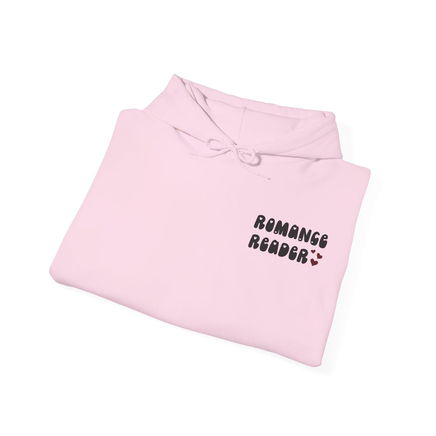 Romance Reader Hoodie — Cute Pink Heart Book Lover Pullover (Black Text)