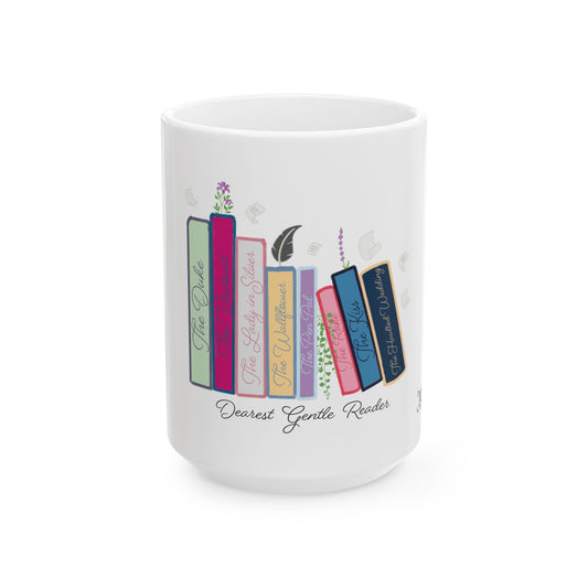 Dearest Gentle Reader Book Stack - Regency Romance Inspired Ceramic Book Lover Coffee Cup (11oz & 15oz)