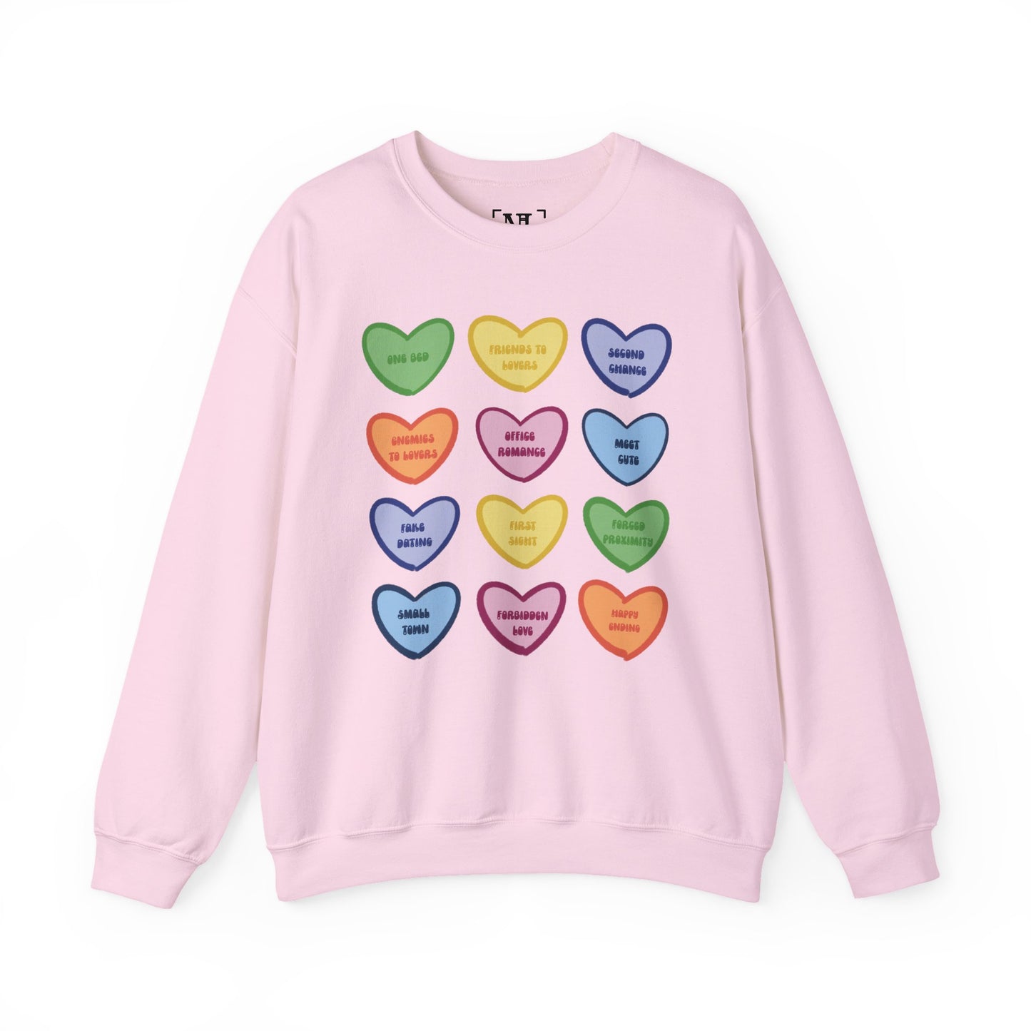 Romance Book Tropes Conversation Heart Sweatshirt — Colorful Valentine Candy Heart Graphic Crewneck