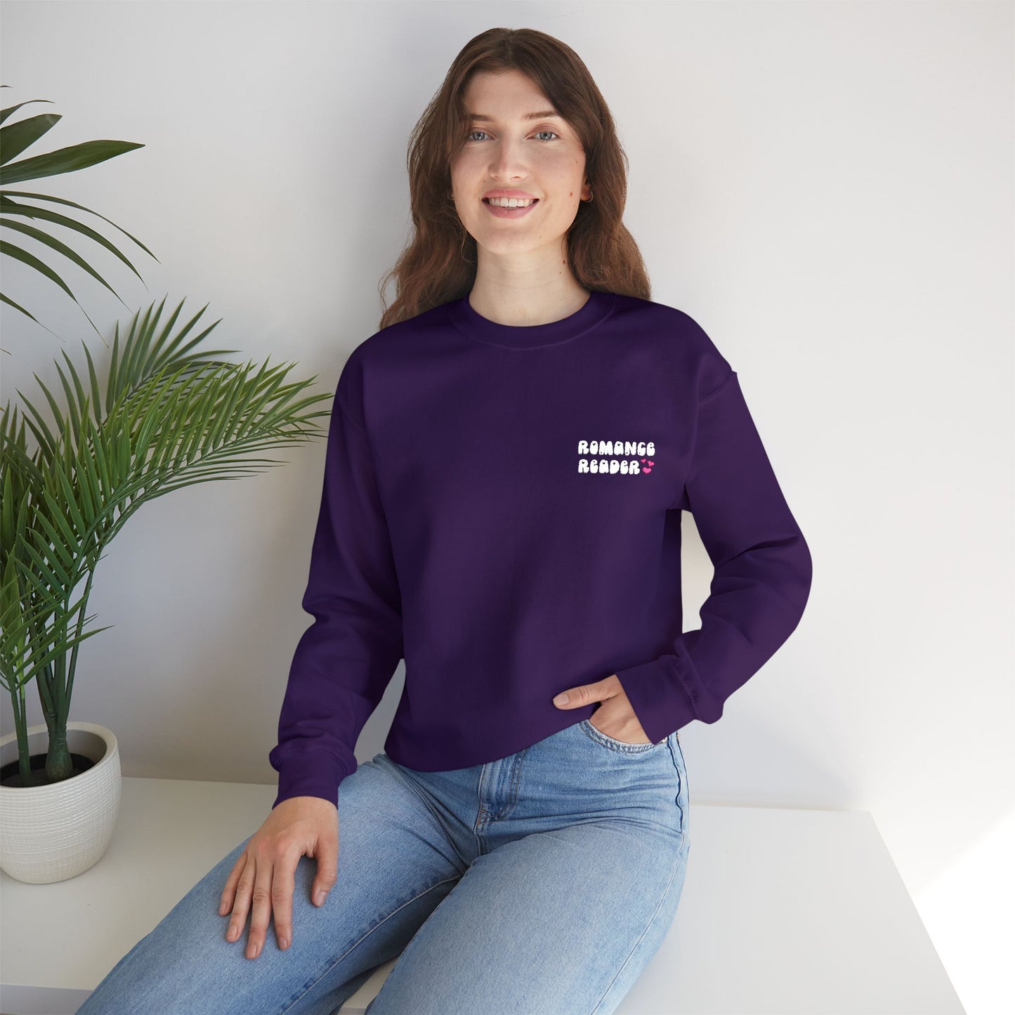 "Romance Reader" - Embroidered Literary Crewneck Sweatshirt (White Text with Pink Hearts)
