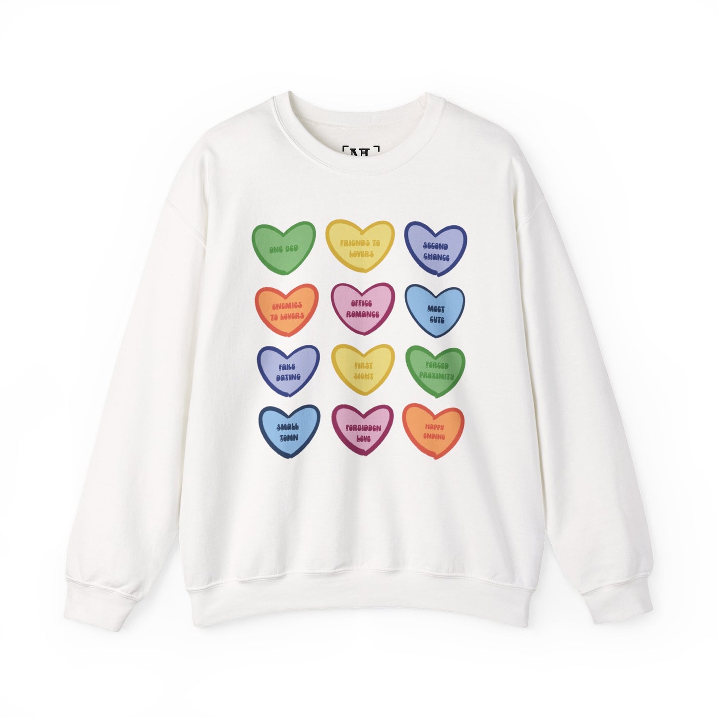 Romance Book Tropes Conversation Heart Sweatshirt — Colorful Valentine Candy Heart Graphic Crewneck