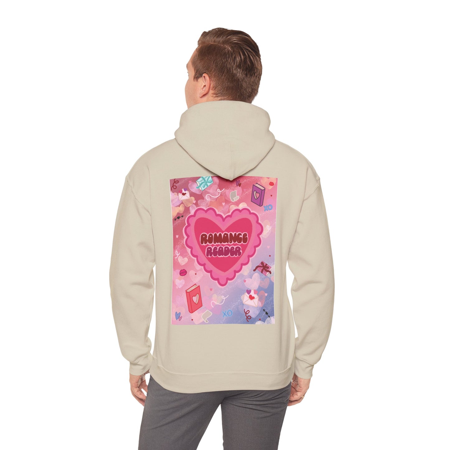 Romance Reader Hoodie — Cute Pink Heart Book Lover Pullover (Black Text)