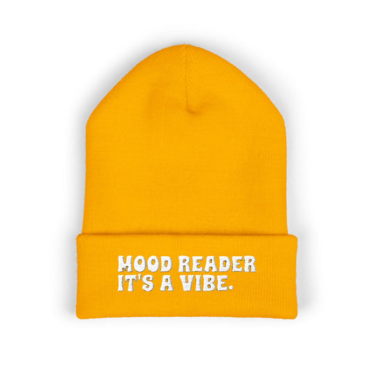"Mood Reader It's a Vibe." - Embroidered Literary Cuffed Beanie (White Text)