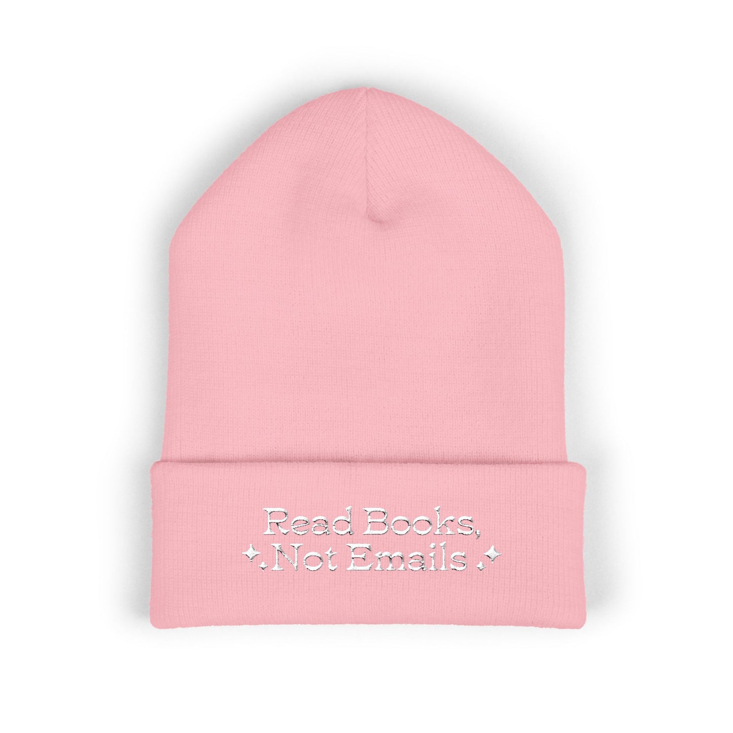 "Read Books Not Emails" - Embroidered Literary Cuffed Beanie (White Text)