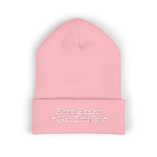 "Read Books Not Emails" - Embroidered Literary Cuffed Beanie (White Text)