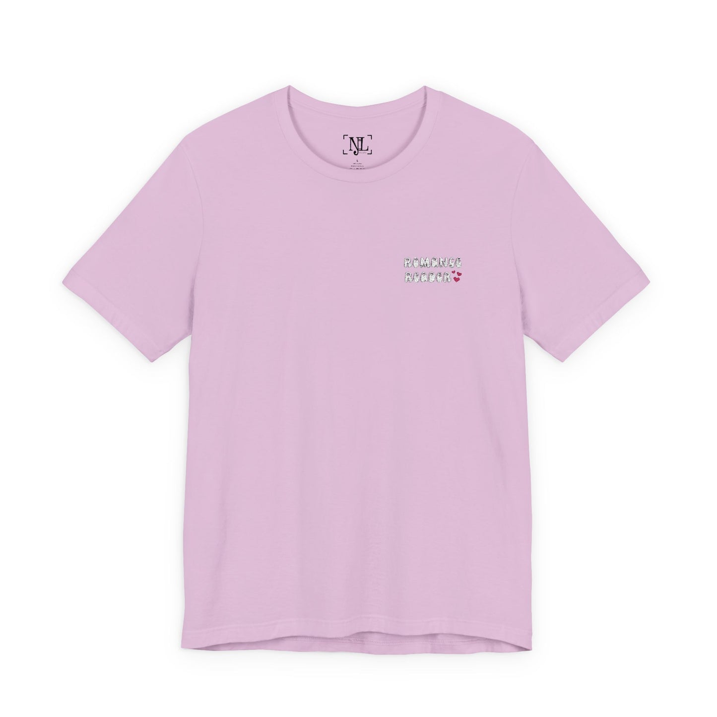 "Romance Reader" - Embroidered Literary Tee (White Text with Pink Hearts)