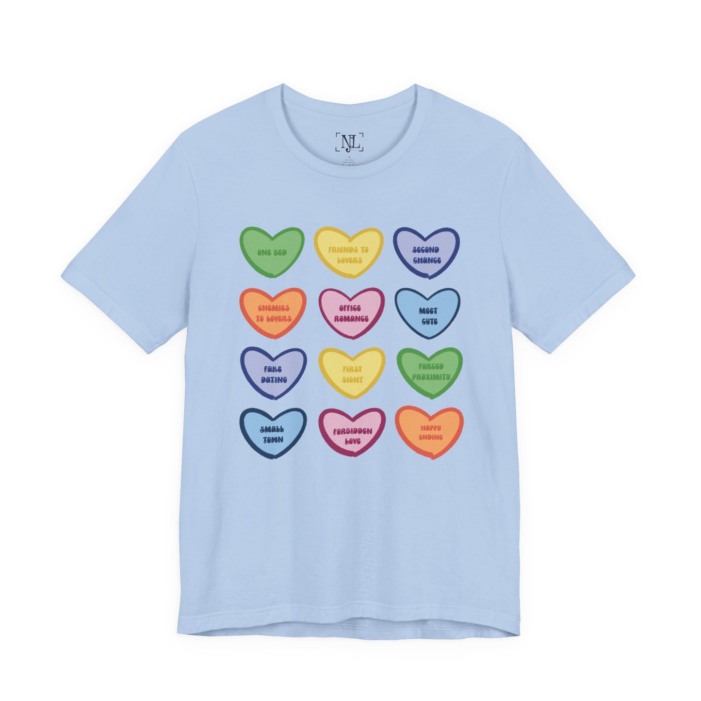 Romance Book Tropes Conversation Heart Graphic Tee — Cute Pastel Candy Hearts with Messages