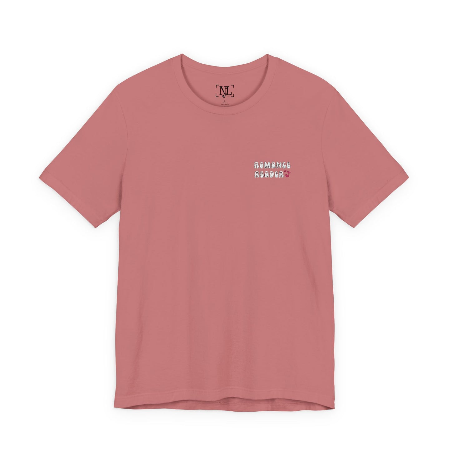 "Romance Reader" - Embroidered Literary Tee (White Text with Pink Hearts)
