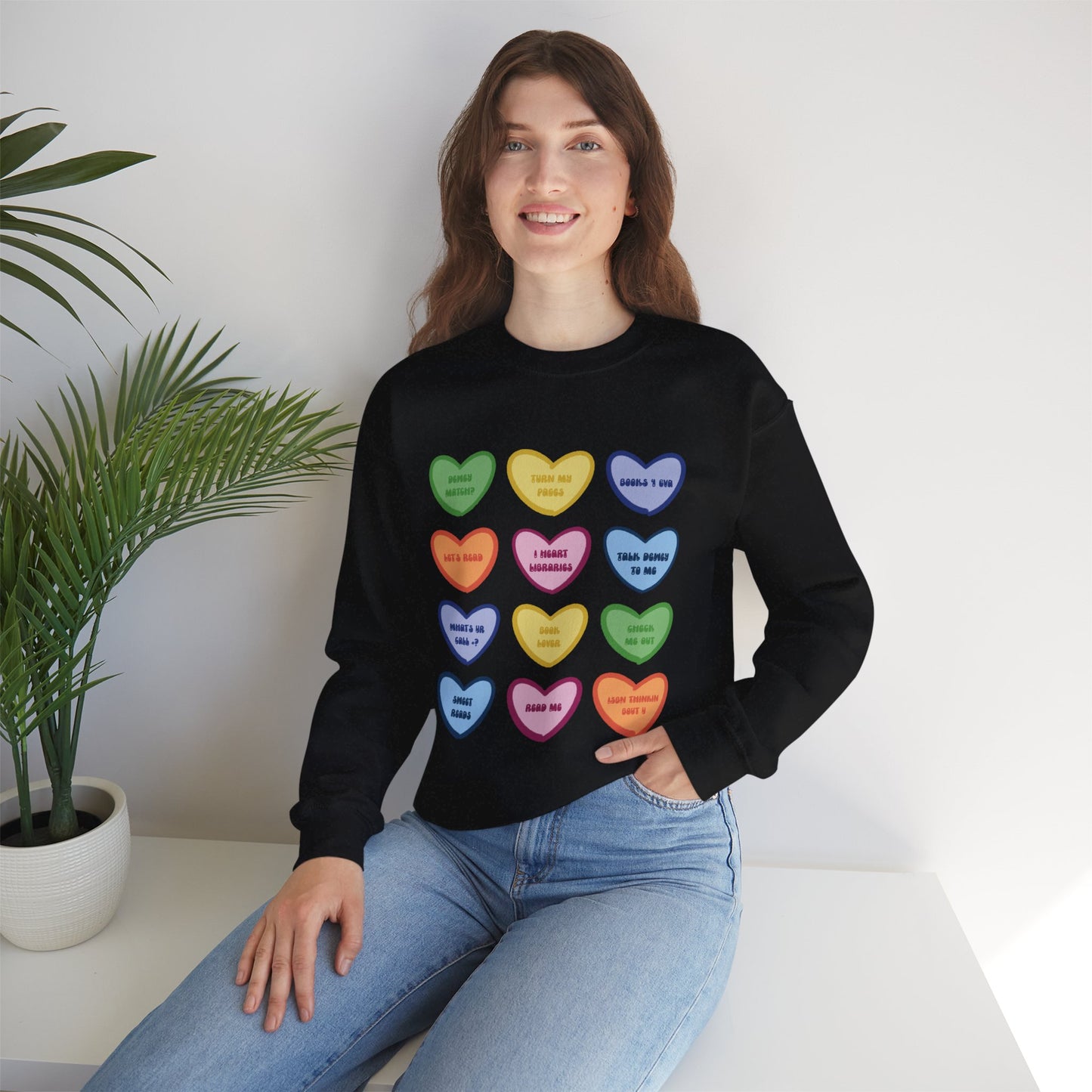 Library Themed Conversation Heart Sweatshirt — Colorful Valentine Candy Heart Graphic Crewneck