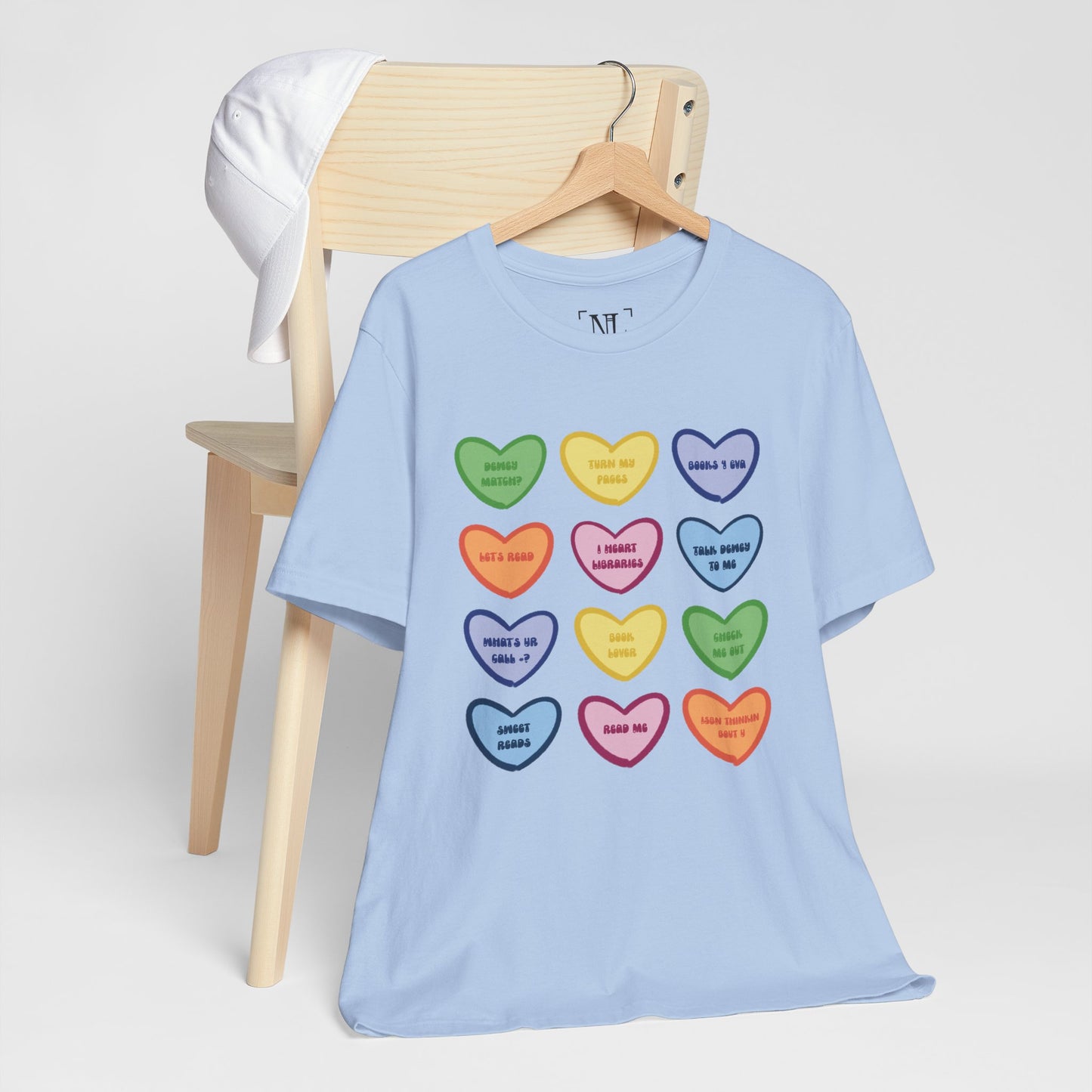 Library Conversation Heart Graphic Tee — Cute Pastel Candy Hearts with Messages