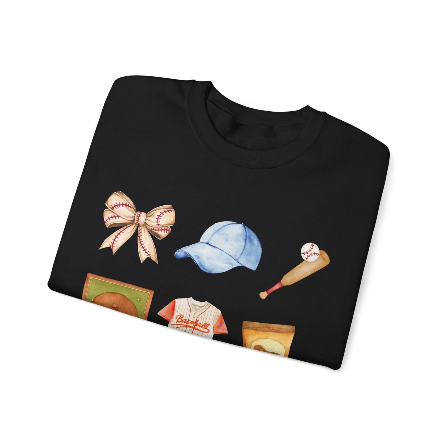 Baseball Icons Crewneck Sweatshirt — Watercolor Baseball Gear Graphic