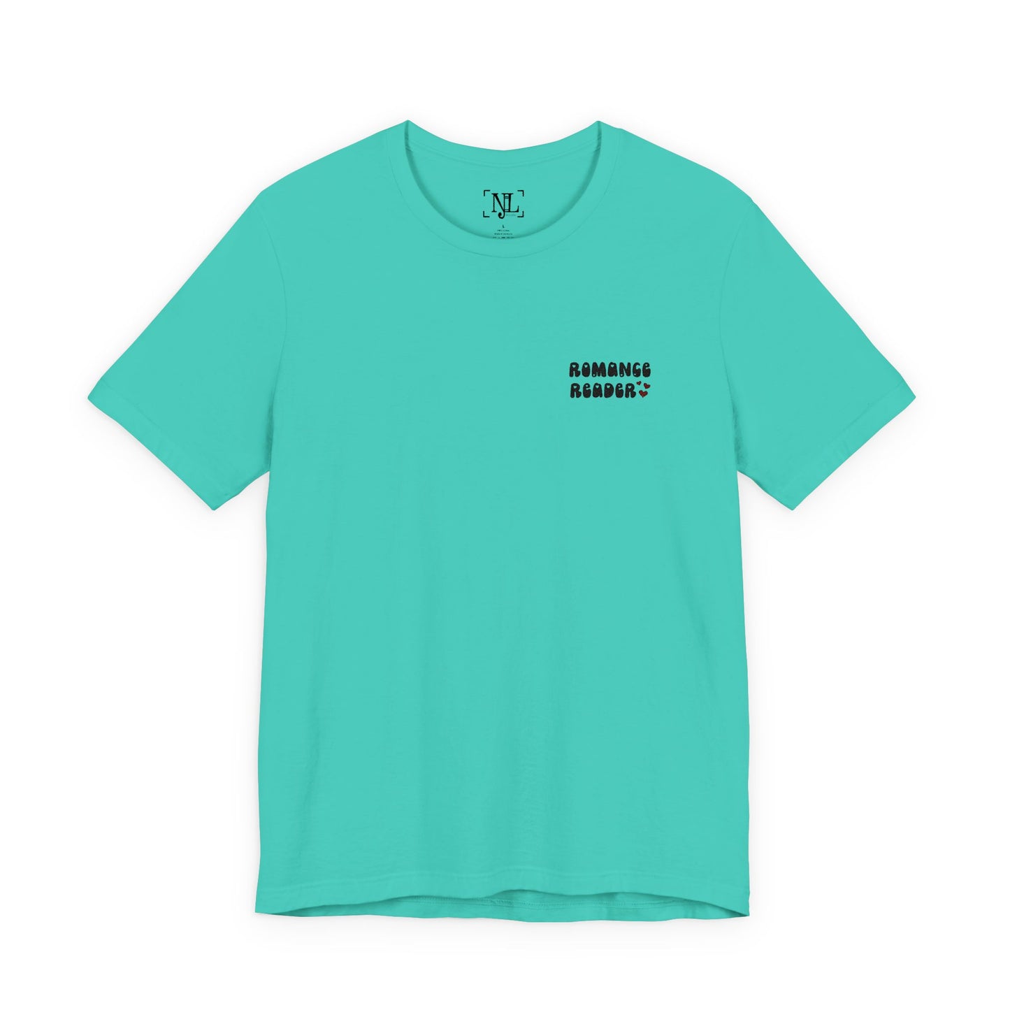 "Romance Reader" - Embroidered Literary Tee (Black Text with Maroon Hearts)