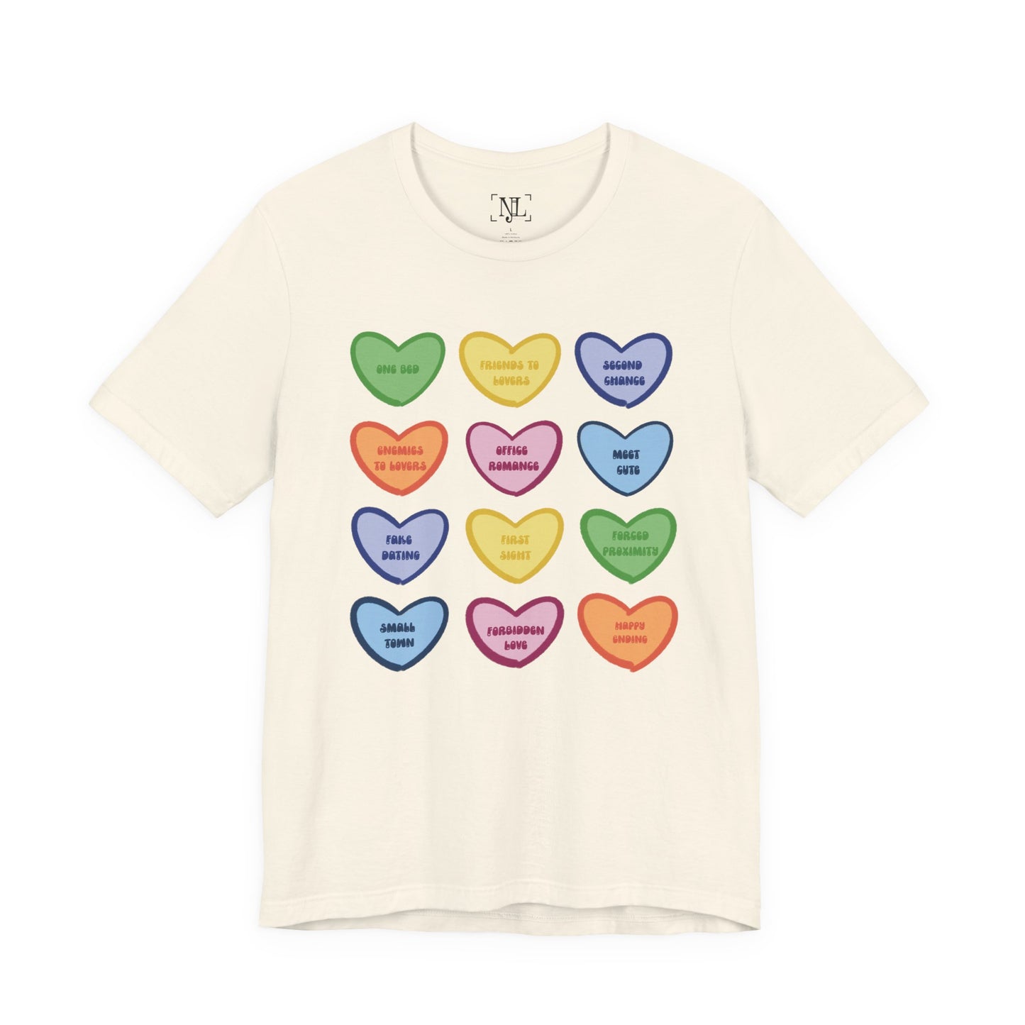 Romance Book Tropes Conversation Heart Graphic Tee — Cute Pastel Candy Hearts with Messages