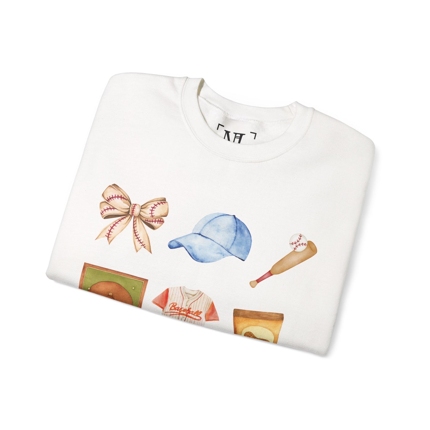 Baseball Icons Crewneck Sweatshirt — Watercolor Baseball Gear Graphic