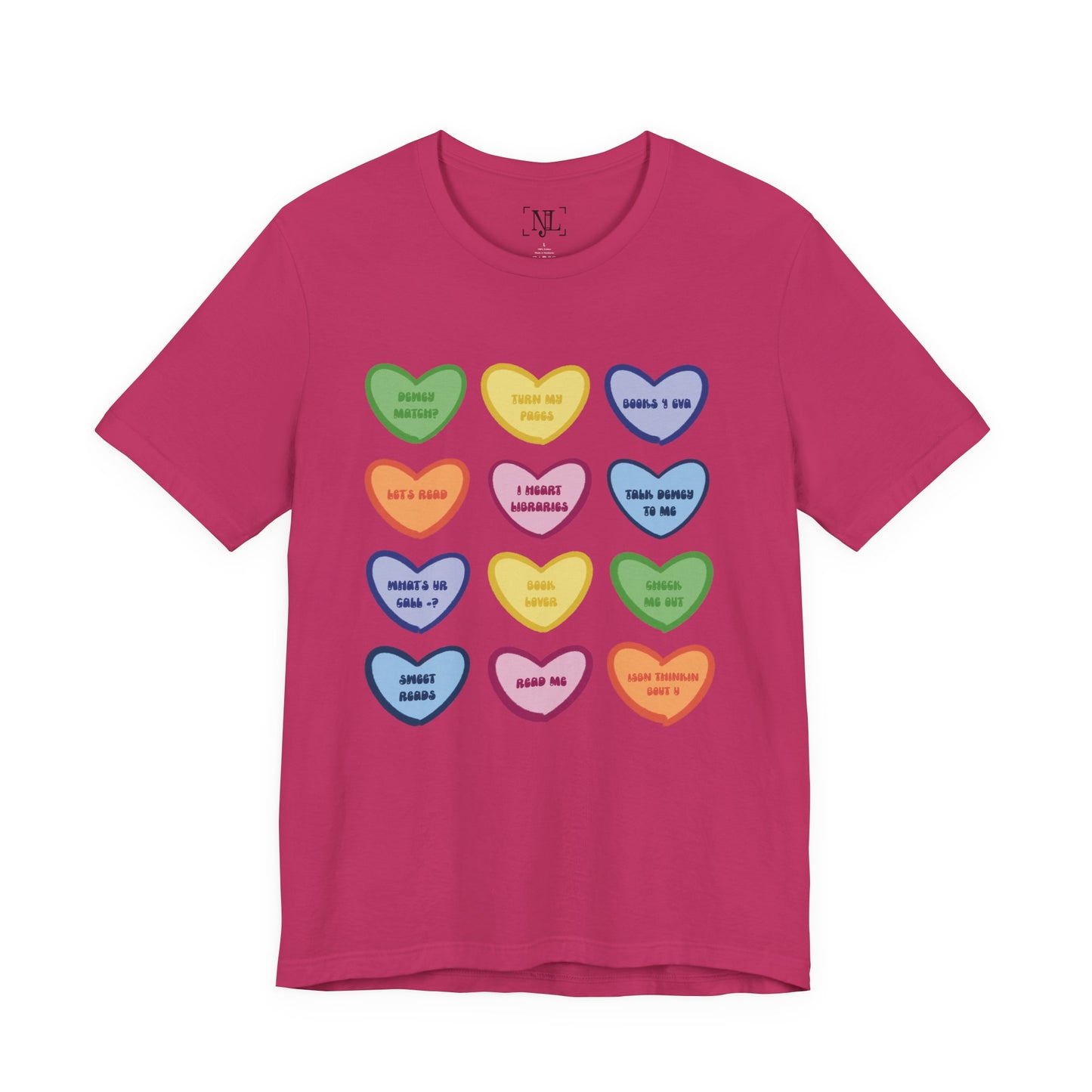 Library Conversation Heart Graphic Tee — Cute Pastel Candy Hearts with Messages