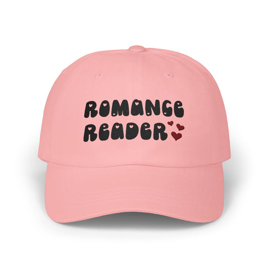 "Romance Reader" - Embroidered Literary Dad Cap (Black Text with Maroon Hearts)